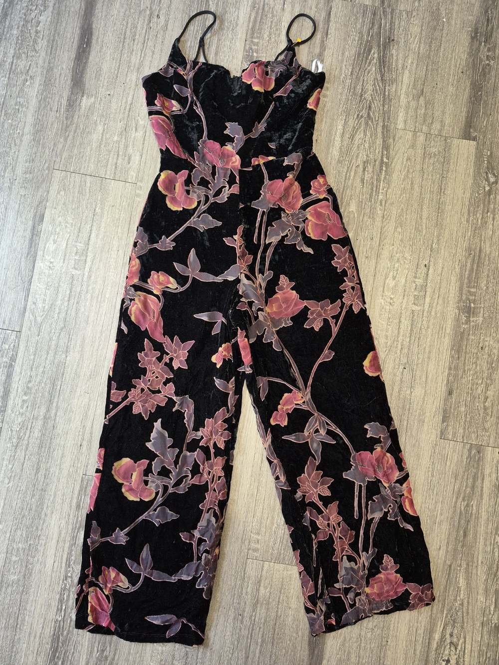 Lulu's Black Velvet Floral Wide-Leg Jumpsuit with Pink Print